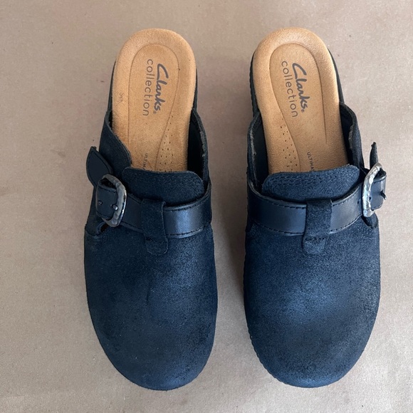 Clarks Collection Leather Heeled Clog Paizlee Nora Black Suede Women’s US 7 - Picture 1 of 8